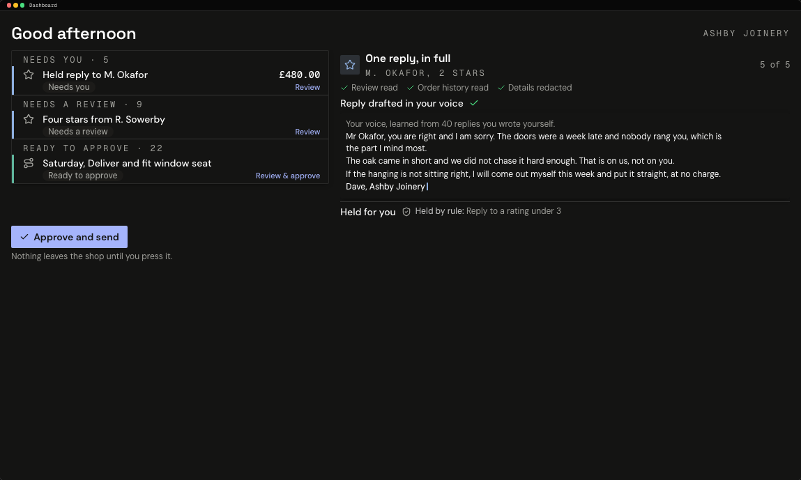 One held reply in full: a reply drafted to a 2 star review, held by rule until it is approved and sent.